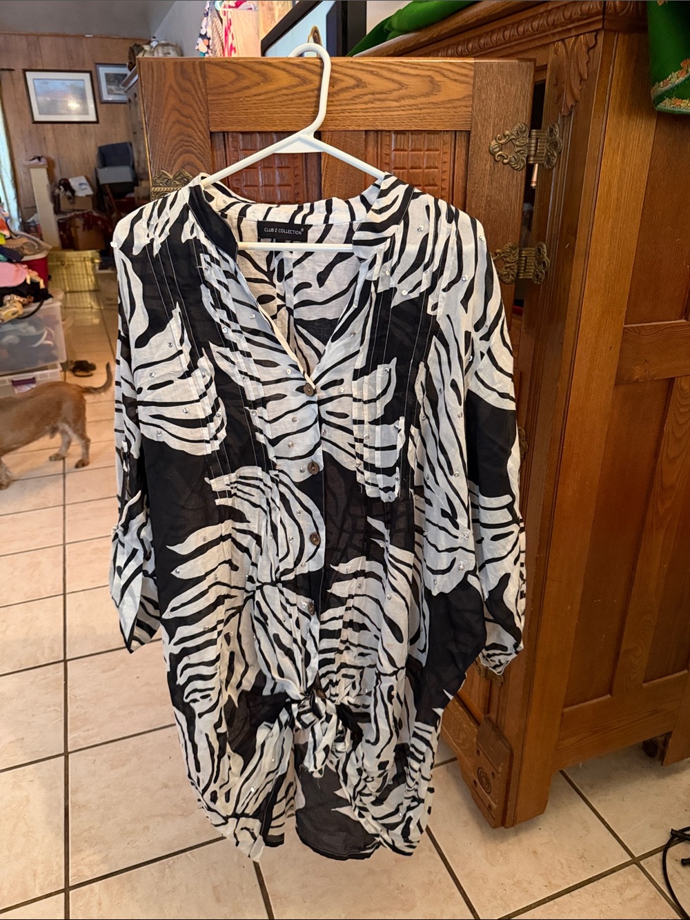 Button-Front Black and White Zebra-Print Tunic with Tie Hem